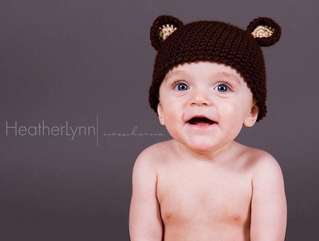 Crochet Dark Brown Teddy Bear Hat 6-12 months