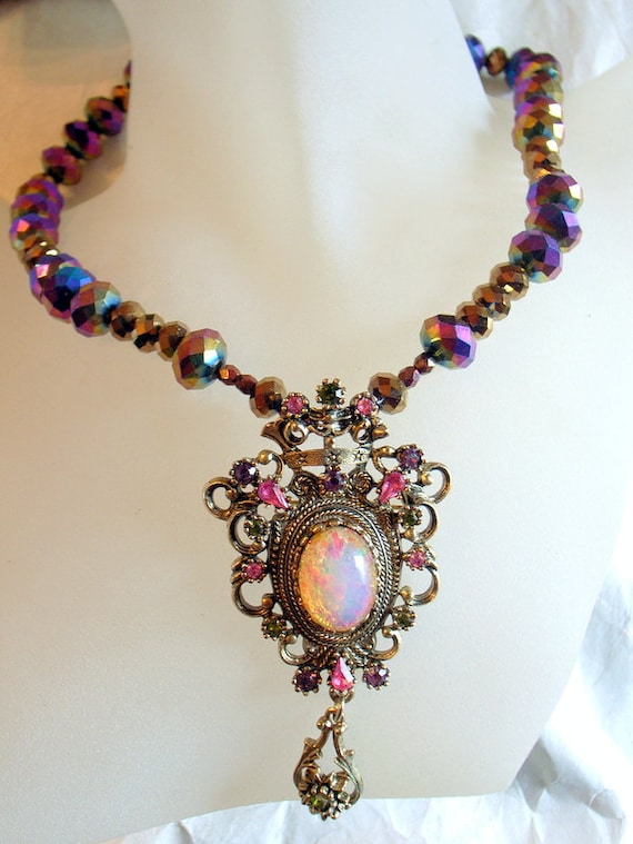 Opal Contessa Necklace Made With Vintage Sarah Coventry Brooch And Bling