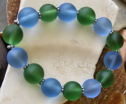 HANDMADE BRACELET Blue and green frosty glass beaded stretch bracelet 12mm round pretty frost summer beads