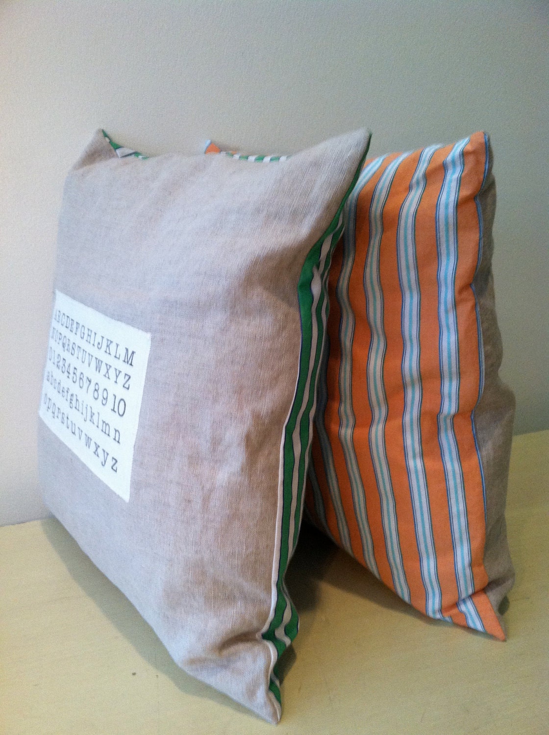 alphabet and numbers. ORANGE STRIPE and LINEN pillow. great gift for a teacher or student. handmade by lisa of looploft.