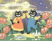 Black Cats JOLs Catnip Mead Halloween Soiree Limited Edition Mixed Media Print - threecatsgraphics
