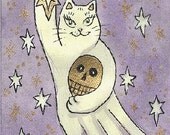 Maneki Neko Lucky Ghost Cat with Golden Skull 5 x 7  Art Print with Matching Note Card