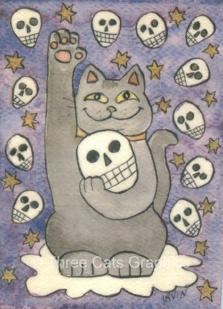 The Skulls are Lucky Tonight Black Lucky Neko Cat with Skulls ACEO Print