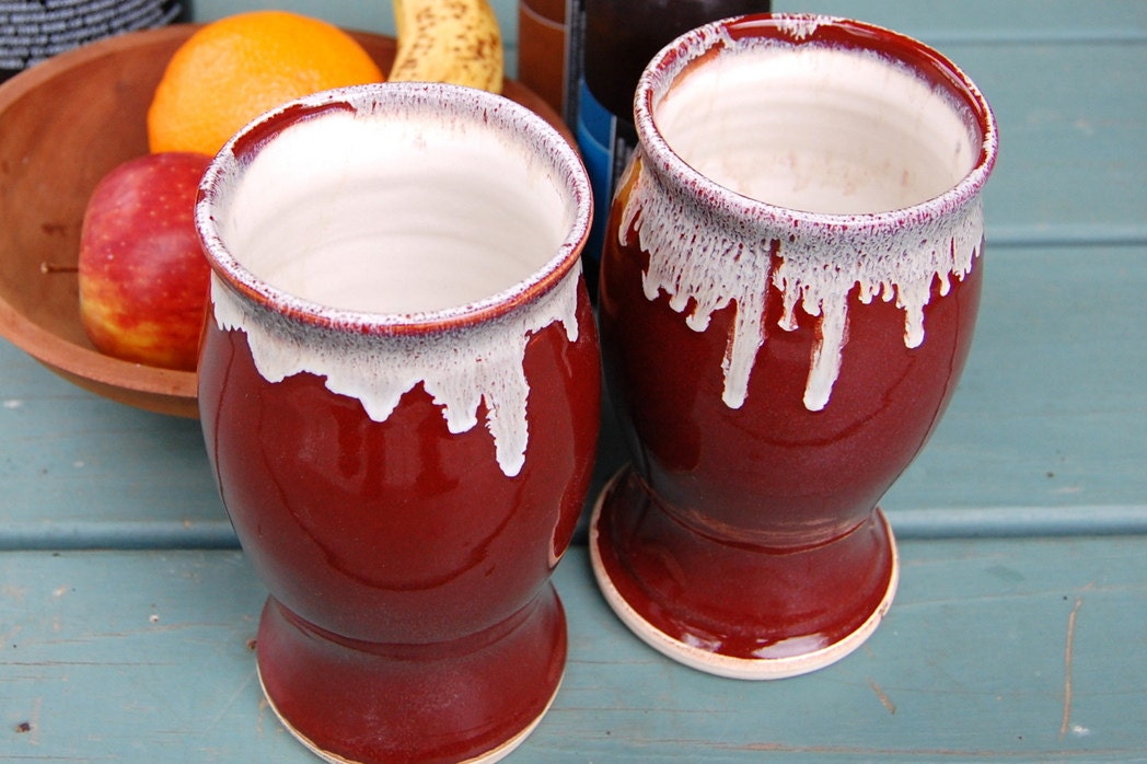 Set of Two Large Tumblers in Red and White Pint Glasses