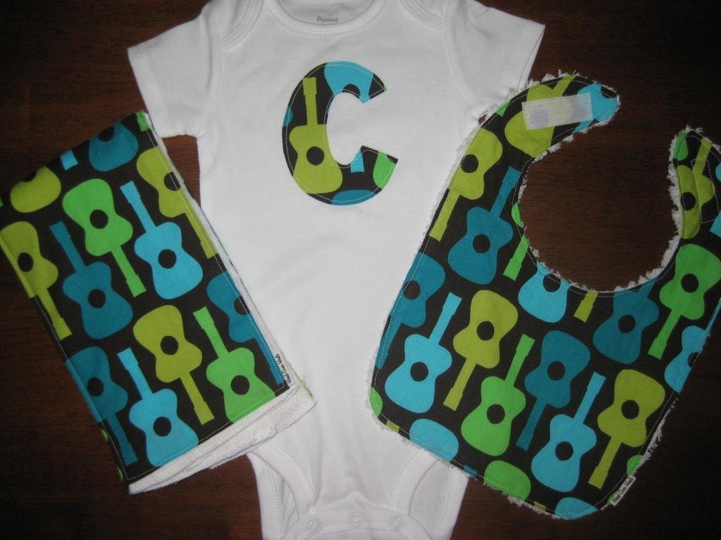 Custom Initial Onesie, Burp Cloth and Chenille Bib.... Choose Any Fabric in My Shop