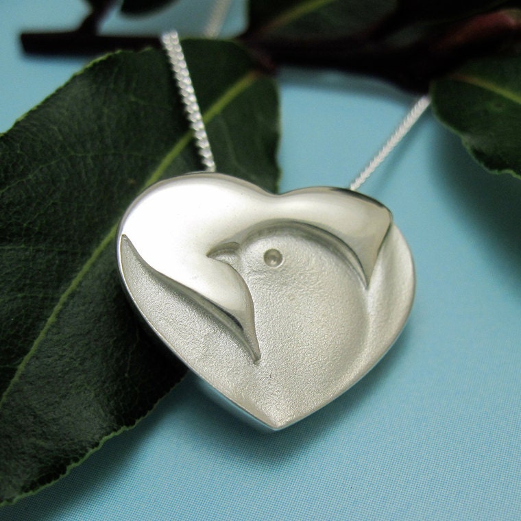 Silver Dove Necklace, Heart Necklace - Peace Dove Heart Pendant with Silver Chain