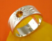 Silver Wedding Band, Sunflower Ring, Citrine Ring, 9mm or 7.5mm - HAPPY SUNFLOWER, SymBand Collection
