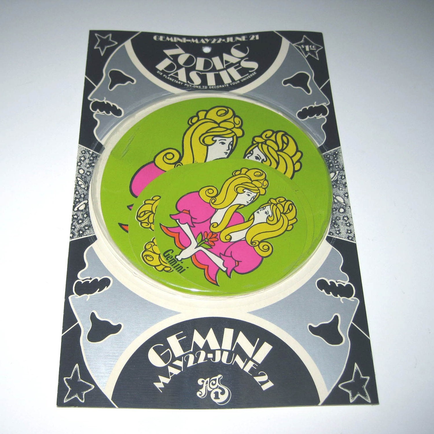 Vintage 1960s or 1970s Set of 6 Zodiac Pasties or Stickers in Original Package Gemini