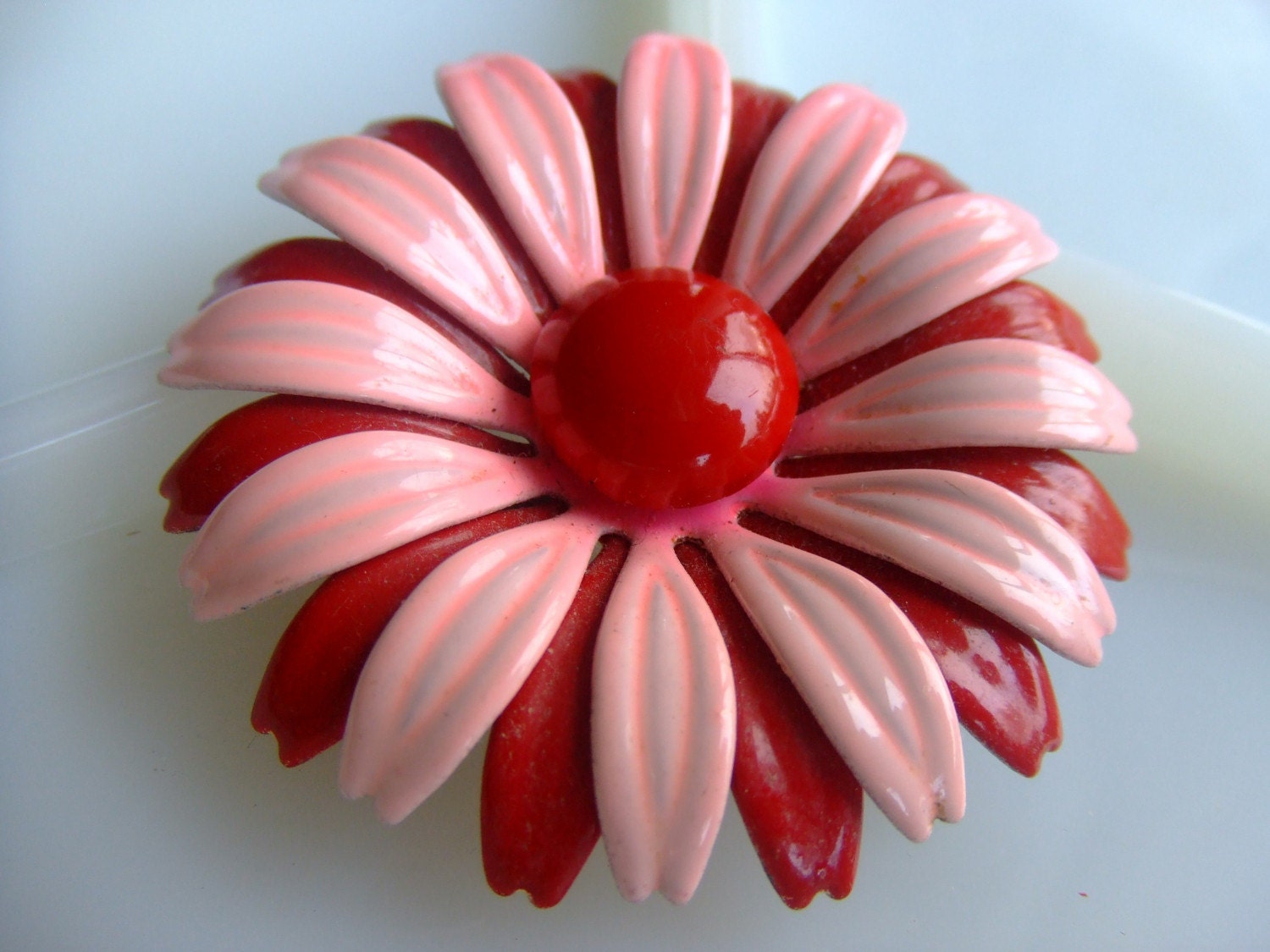 Mod Enamel Flower Brooch pink and red flower