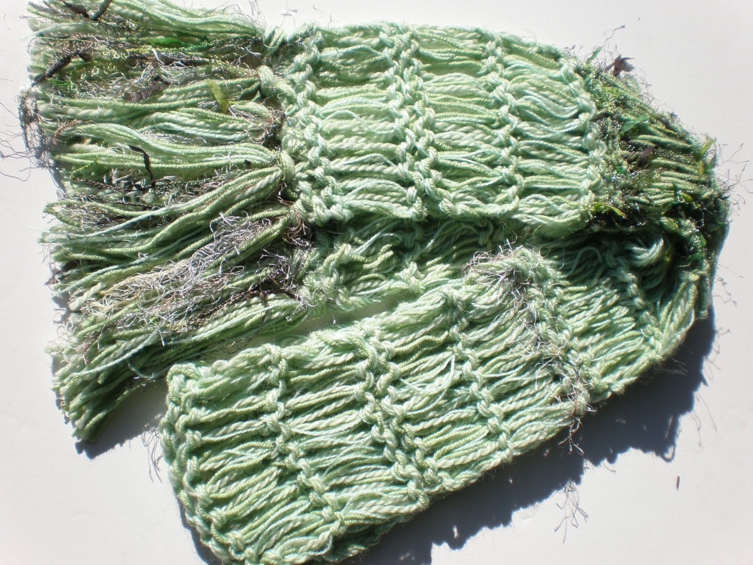 Knit Scarf Fern Handknit Body Decor Designer Scarves in Alpaca with Fringe and Bountiful Texture Soft Pistachio Shamrock Green and Brown
