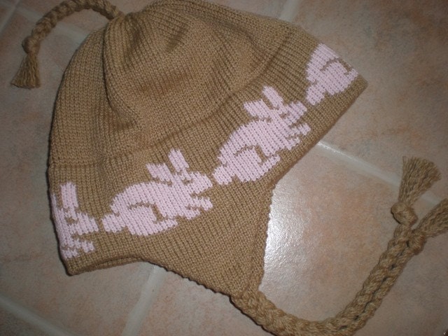 Knit Kids Hat Brown  with Pink Bunny Hat with Ear Flaps in  Soft Cotton Child Size