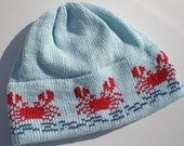 Knit Hat Kids Toddler Beanie Aqua Marine Red Crabs Ocean Blue Waves in Vegan Cotton