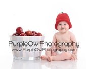 Candy Apple Red Knit  Fruit Hat in Toddler Green Leaves Brown Stem Portrait by Purple Owl Photography
