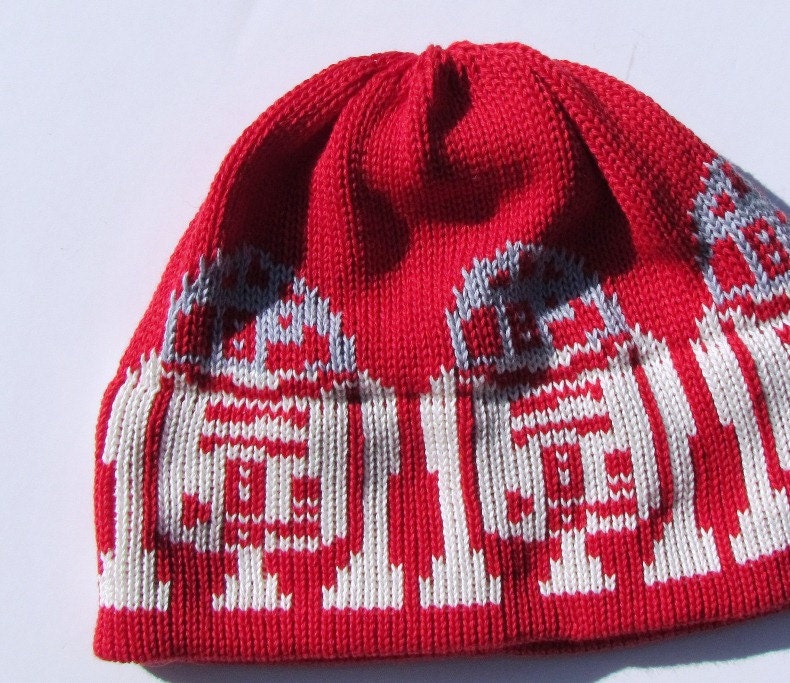 R2D2 Knit Kids Hat Organic Cotton Knit Beanie Hat for the Toddler in a Galaxy Far Far Away Red Silver Off White