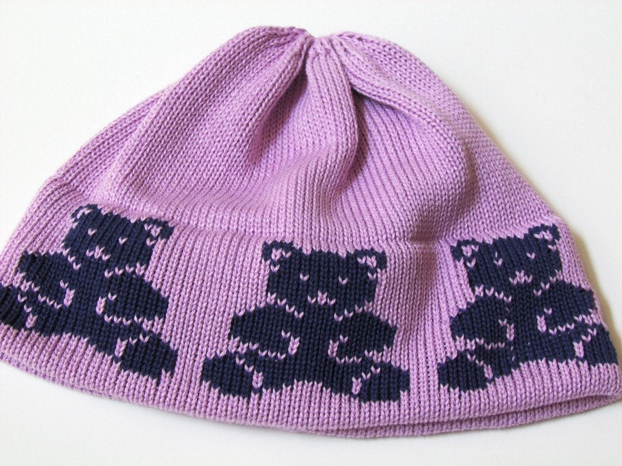 Kids Knit Hat Cute Teddy Bears in Eggplant Purple on a Light LilacToddler Beanie Style Cap