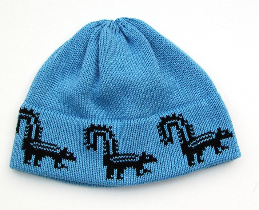 Knitted Kids Hat Little Stinker Skunk Hat in Blue and Black Beanie in Organic Cotton