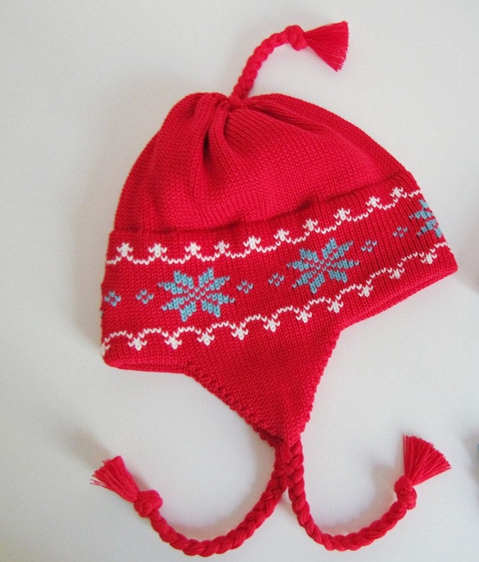 Red Knit Toddler Hat Snowflake Design Organic Cotton with Earflaps  Blue Snowflakes and White Trim