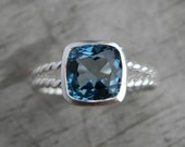 Size 4.25 Ready to Ship, London Blue Topaz Gemstone Ring in Recycled and Tarnish Resistant Sterling, Cushion Cut Silver Ring