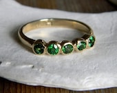 Tsavorite Green Garnet and 14k Yellow  Gold Five Stone Ring, Anniversary Band, Wedding Band or Stacking Ring