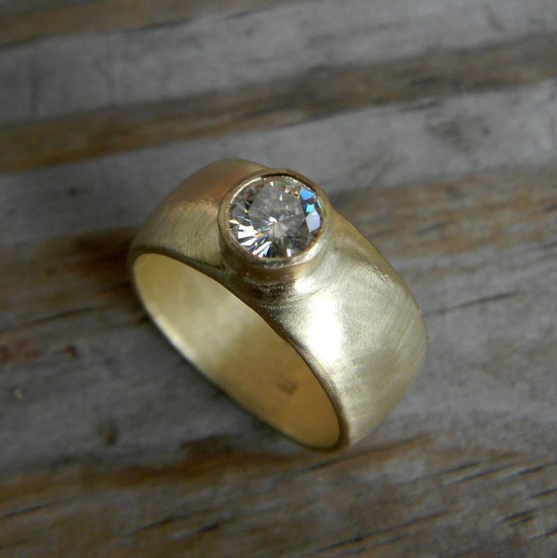 Moissanite and 14k Yellow Gold Banded Ring, Green Design Made in Your Size