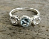 Aquamarine, White Topaz Gemstone and Sterling Silver 3 Stone Ring, Made To Order