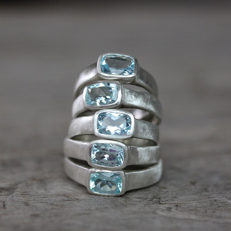 Aquamarine And Sterling Silver Ring, Cushion Cut Gemstone and Brushed Sterling Silver Ring, READY To Ship Size 8.25
