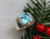 Size 7, Ready to Ship, London Blue Topaz  Princess Cut Stone, Wide Dome Ring