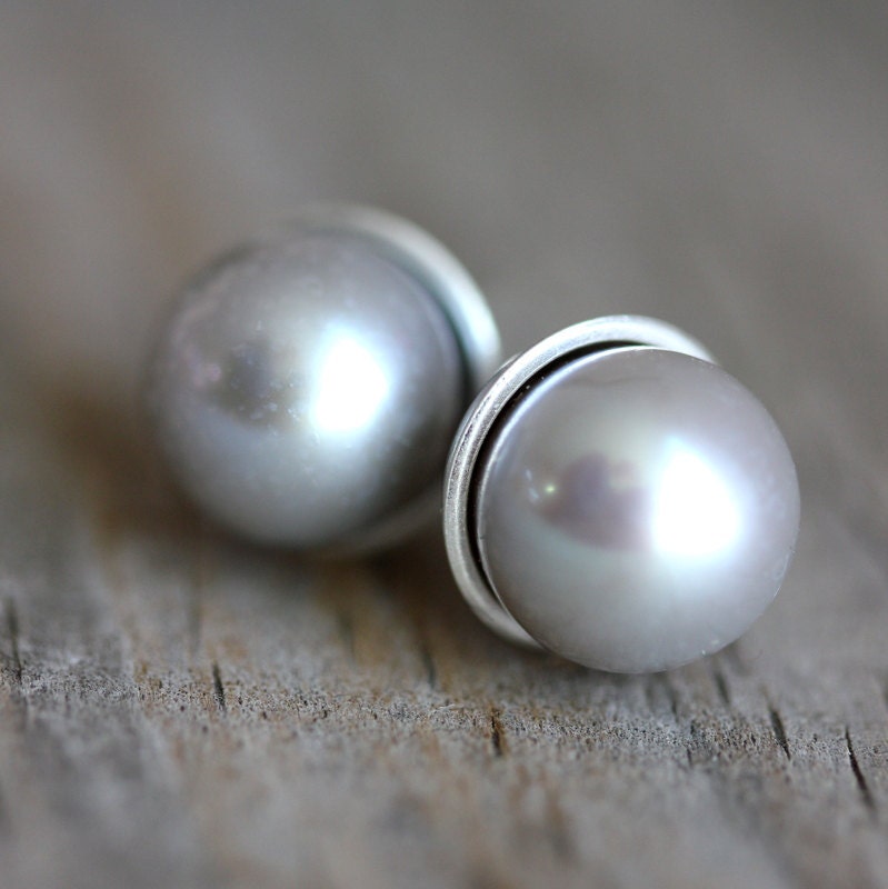Classic Handmade Pearl Studs, Dove Gray  Pearl 8mm Post Earrings