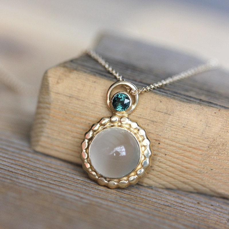 Green Sapphire, White Moonstone and 14k gold Necklace, Recycled Gold and Fair Trade