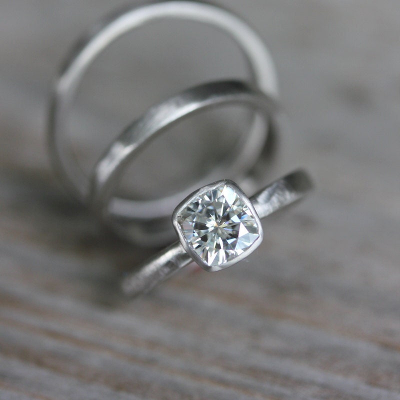 Cushion Cut Moissanite Engagement Ring in 14k Palladium White Gold, Solitaire Cushion Cut Wedding Ring