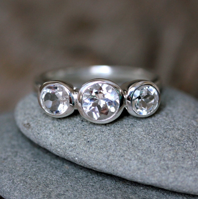 White Topaz Ring, Sterling SIlver Ring in a Three Stone Design