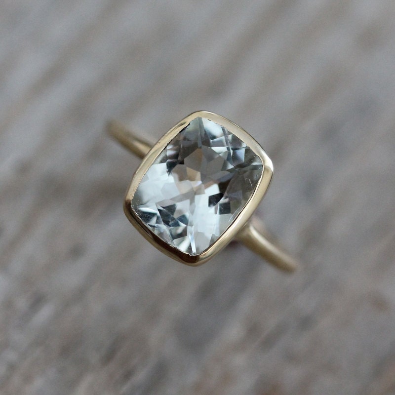 READY To SHip Size 7, Aquamarine Cushion Ocean Blue Gemstone in 14k Yellow  Gold