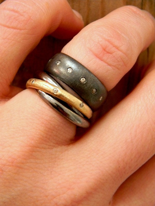 Rolling Wedding RIng in 14k Yellow Gold, Conflict Free Diamond and Blackened Sterling