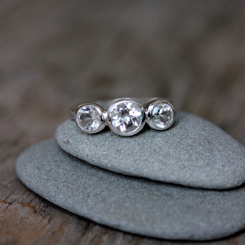 White Topaz Ring, Sterling SIlver Ring in a Three Stone Design