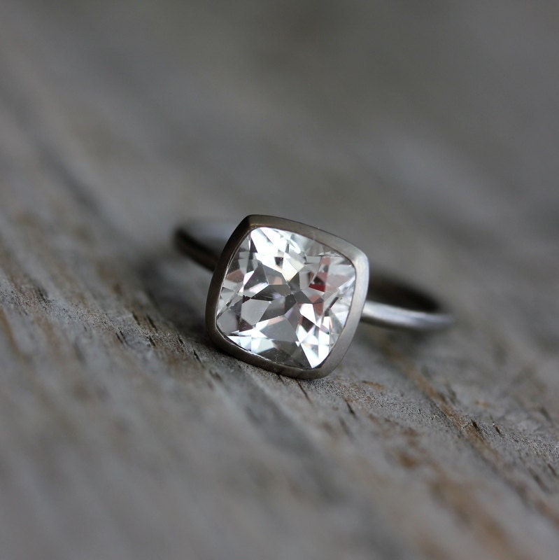White Topaz Cushion Solitaire in 14k Palladium White Gold Ring, Made to Order