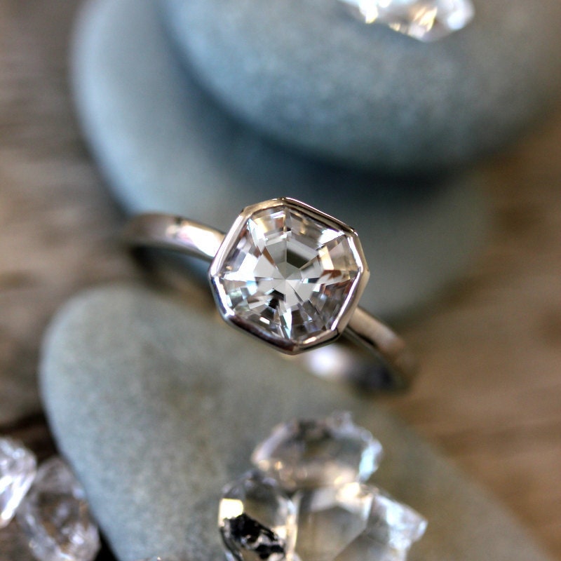 Herkimer Diamond Asscher Cut Engagement Ring in 14k Palladium White Gold