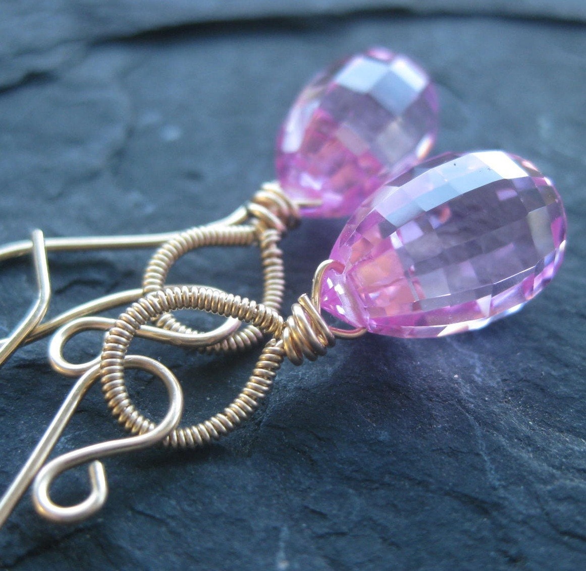 Pink topaz earrings in 14k gold fill drop dangle gemstone jewelry simple glamour swirl coil garden party --Parfait--