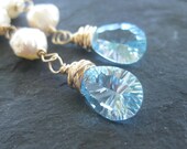 Blue topaz earrings with drusy pearls 14k gold fill gold vermeil long beaded dangle mermaid sea fairies fashion gemstone jewelry --Sky--