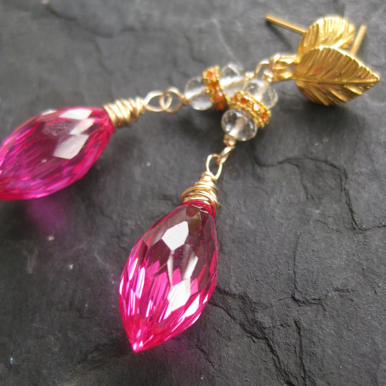 Ruby earrings, sapphire, topaz, gold post earrings gemstone jewelry hot pink gold vermeil wedding bridal long beaded dangle --Marasca--