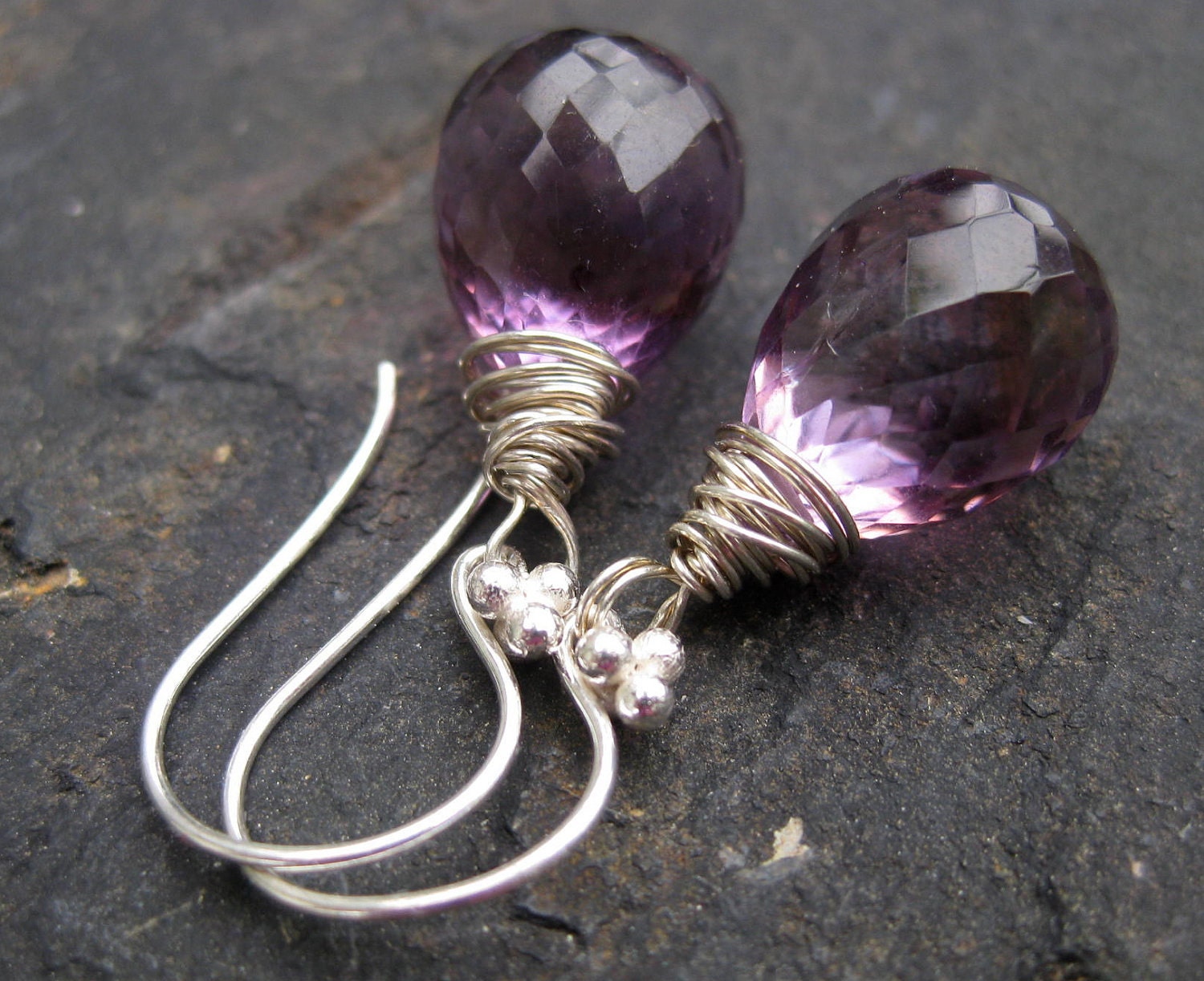 Amethyst earrings in sterling silver drop dangle everyday wear mother's day purple lilac spring garden party --Bordelais--