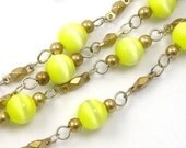 Vintage Synthetic Cats Eye and Raw Brass Bead Chain- Yellow 6mm - 3 feet CH25