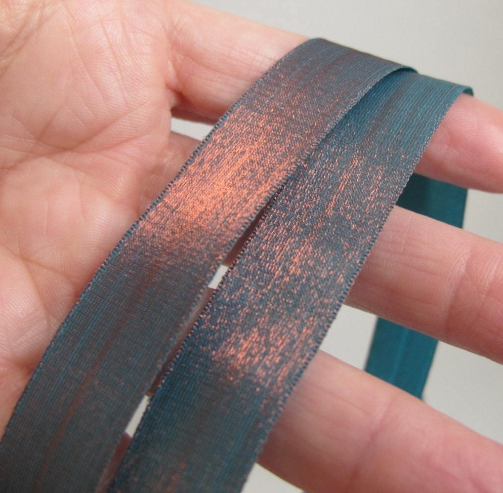 3 yards COLOR CHANGE IRIDESCENT Satin ribbon. Very tight weave. Bronze and Turquoise. 5/8 inch (16mm) wide. s470-6 Made in France
