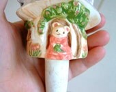 Mouse in the Mushroom Ceramic Plant Waterer Spike in 1980s Kawaii Cottage Cute Style