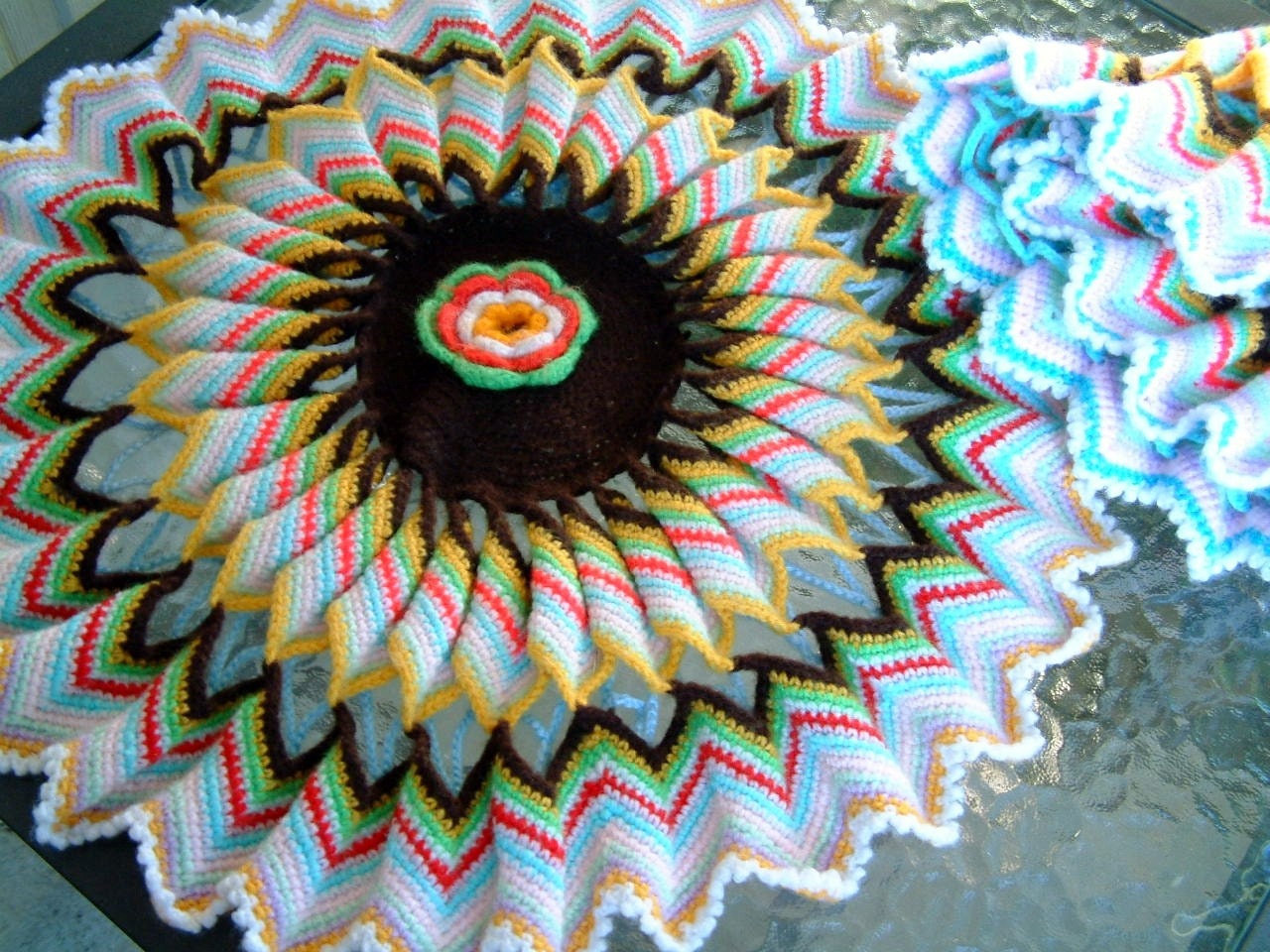 Mid Century Retro Multicolored Chevron Floral Crochet Pillow Covers--round like a funky floral mandala