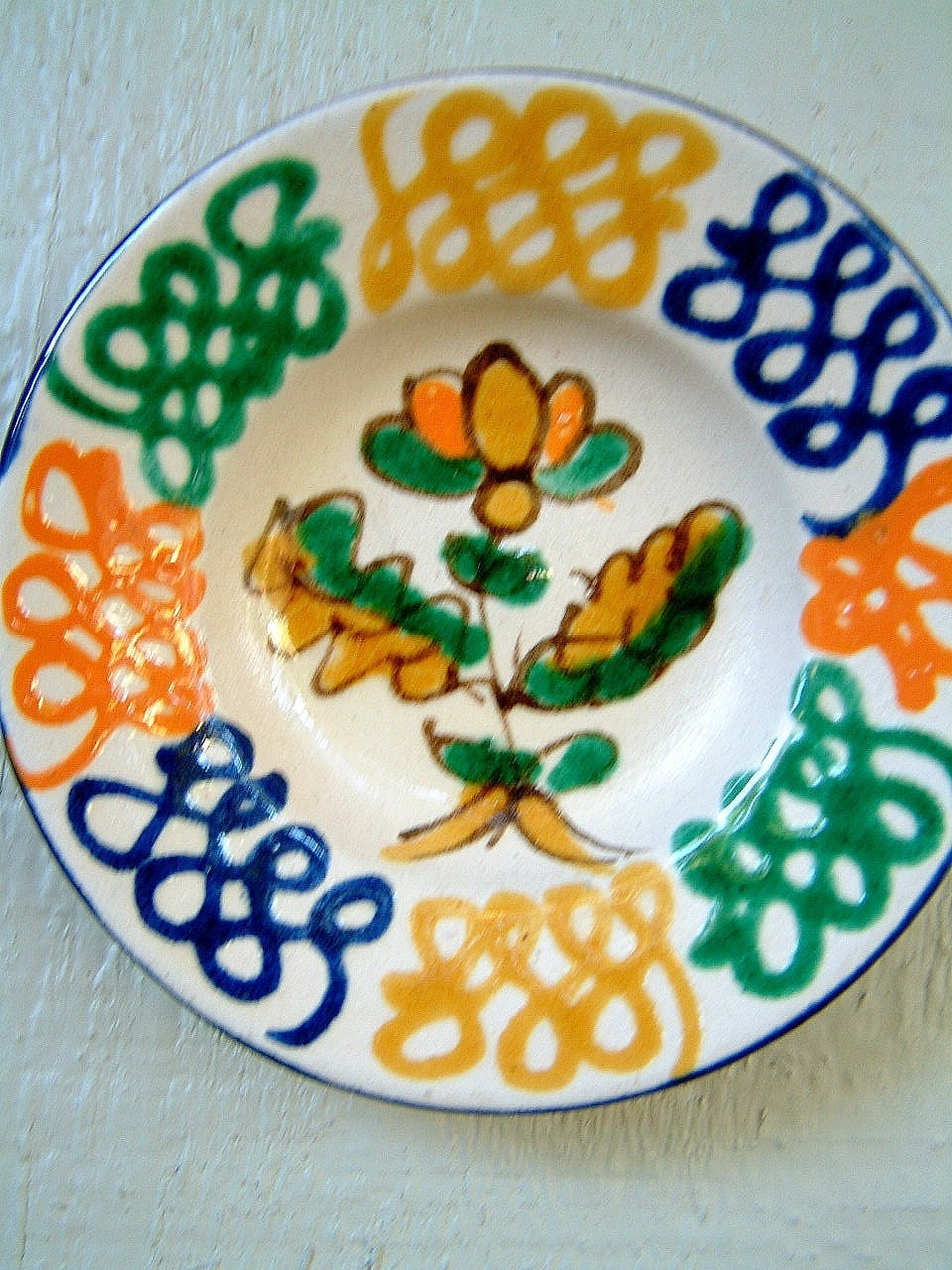 Small Italian Hanging Plate in Orange, Blue, Green, White Graphic Glaze