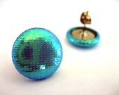 Metallic Blue Earrings - Large circular shiny iridescent sky blue fabric covered studs