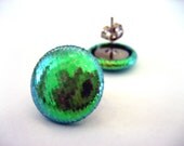 Metallic Green Studs - Large circular shiny iridescent spring green fabric covered earrings