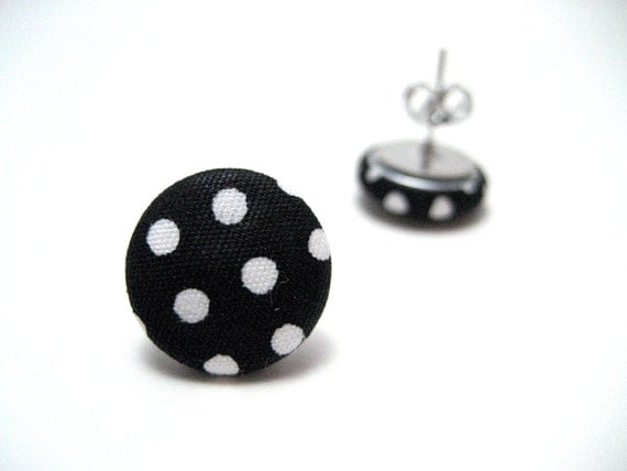 POLKA DOT Studs - Black and white polka dot fabric on hypoallergenic post earrings studs modern rockabilly