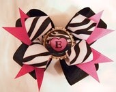 Zebra Double Boutique Hairbow with Initial Bottle Cap Center
