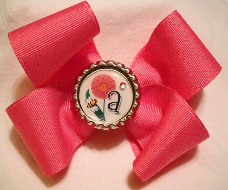 Dark Pink Boutique Hairbow with Initial Bottlecap Center
